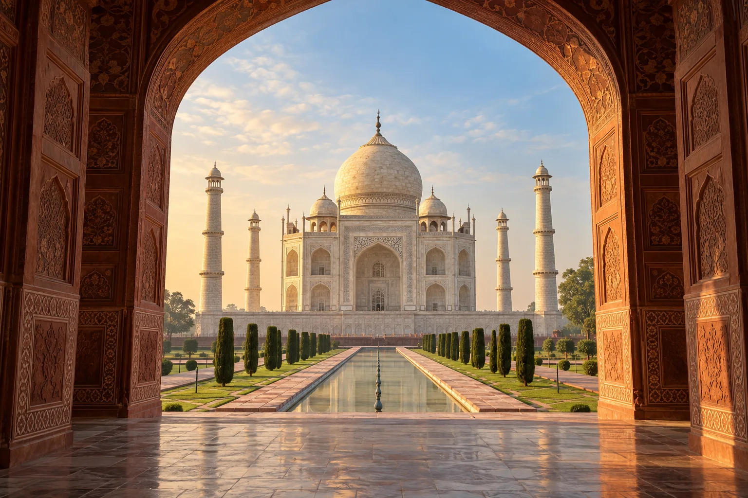Illustrative Taj Mahal view through a sandstone gateway